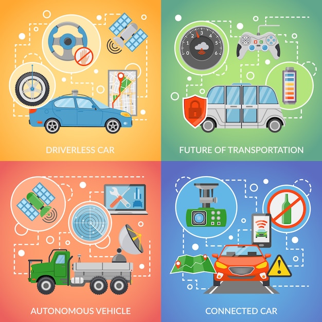 Free vector driverless car autonomous vehicle 2x2 icons set