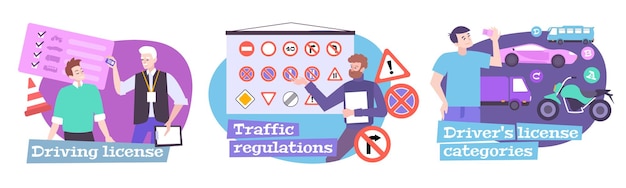 Free Vector driving school set with traffic regulations symbols flat isolated illustrations