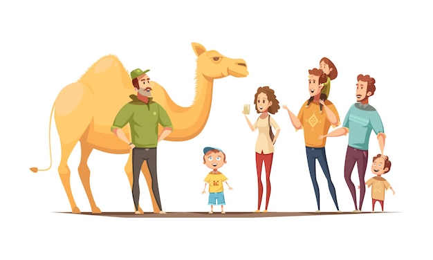 Free Vector dromedary camel riding instructor and group of curious kids