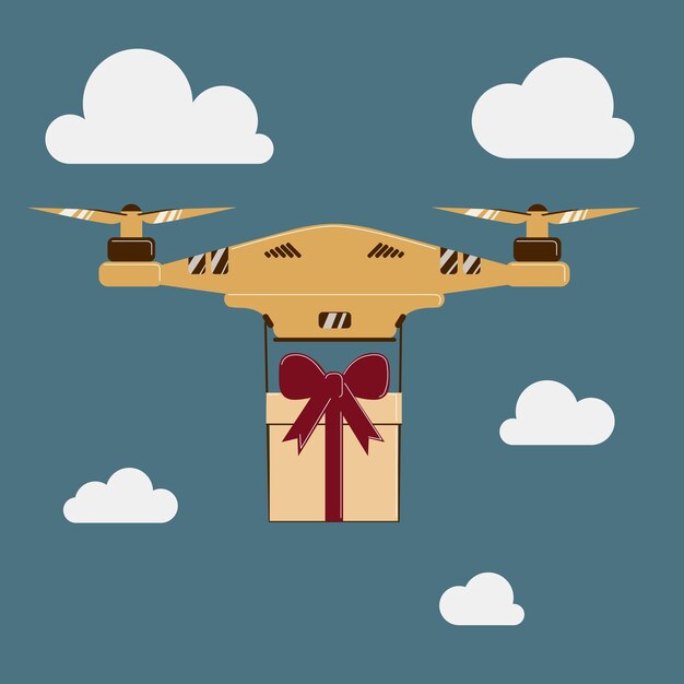 Drone with a gift modern Flat Vector Illustration