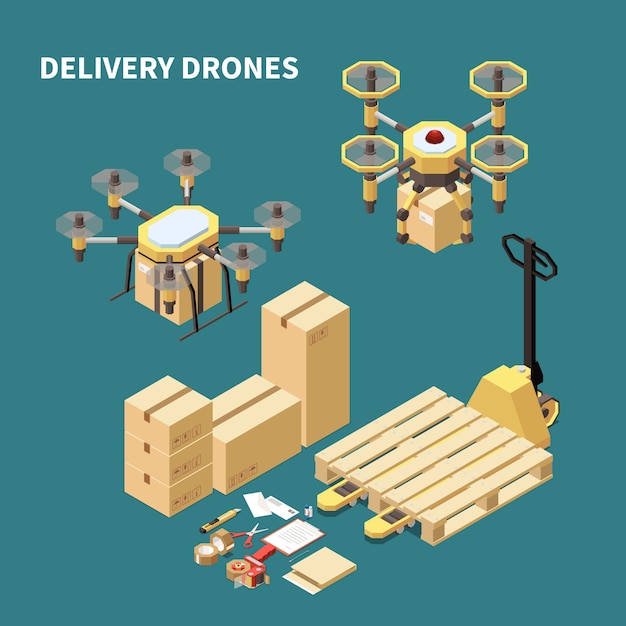 Free Vector drones quadrocopters isometric composition with images of remotely piloted aircrafts and parcel boxes with packaging closures