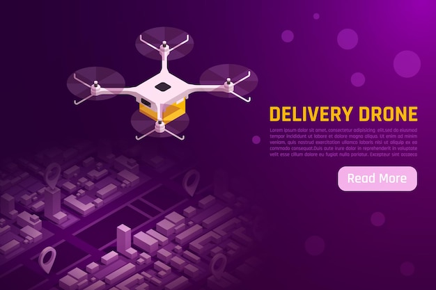 Free Vector drones quadrocopters isometric illustration with quadcopter flying above city  web banner template