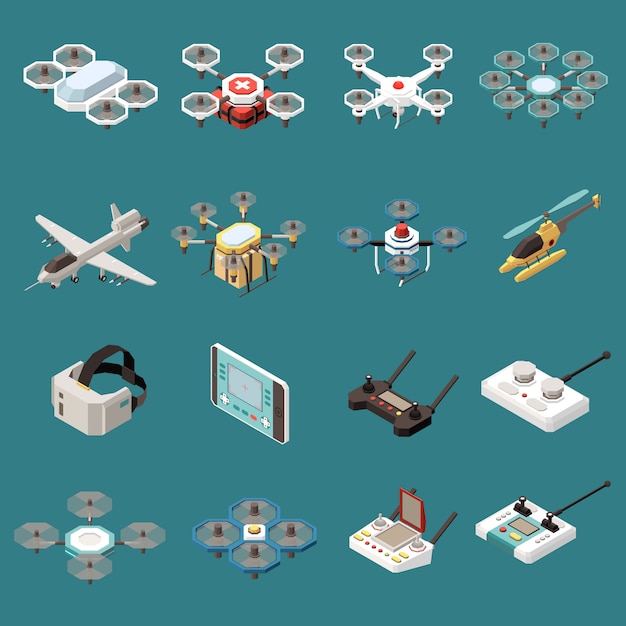 Free vector drones quadrocopters isometric set of sixteen isolated objects with images of aircrafts and remote control units