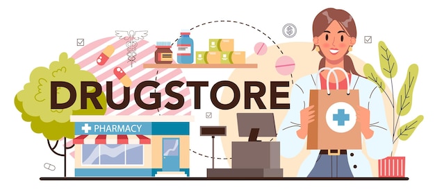 Drugstore typographic header Pharmacist selling drugs in bottle and box for disease treatment Pharmacy employee Medical treatment prescription Isolated vector illustration