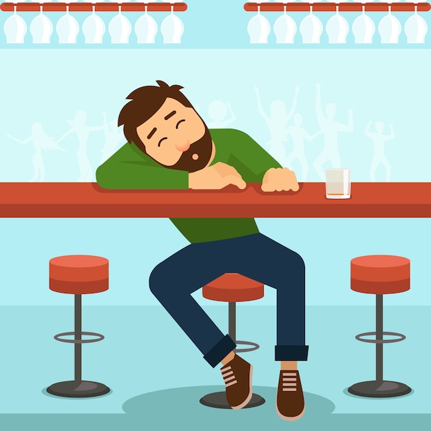 Free Vector drunk man. alcohol and glass, person and table, alcoholism and whiskey, 