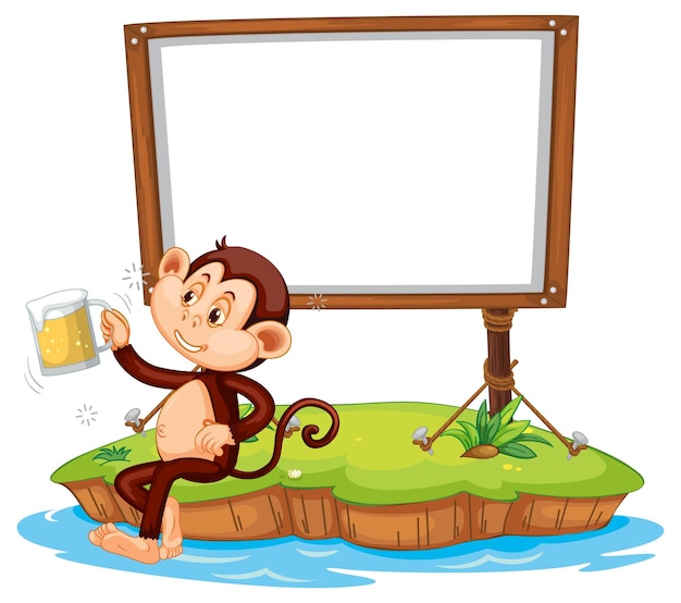 Drunk monkey with blank board on white background