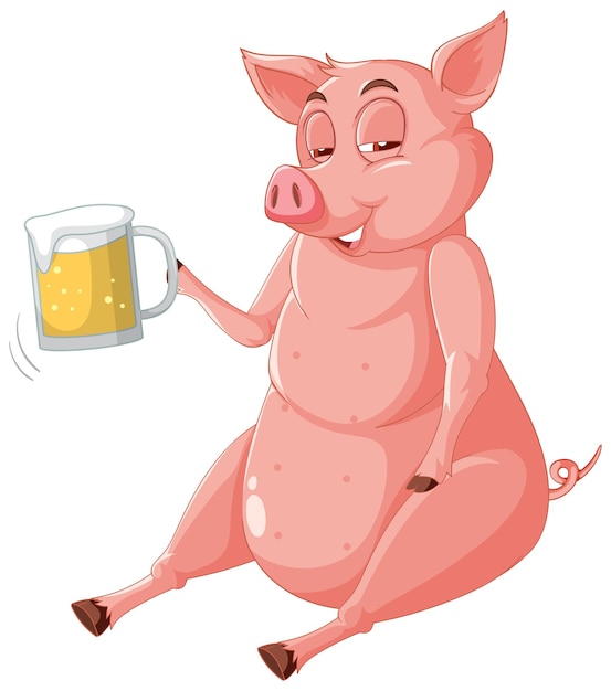 Drunk pig drinking beer