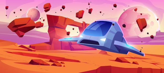 Free vector dry wilderness landscape with spaceship on mars planet cartoon vector background alien fantasy universe with floating stone particle and flying shuttle extraterrestrial videogame illustration