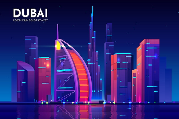 Free vector dubai city with burj al arab hotel skyline, uae