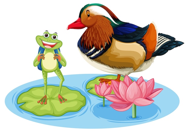 Free Vector duck and green frog on lotus leaves