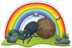 Free vector dung beetle and the flies in cartoon style