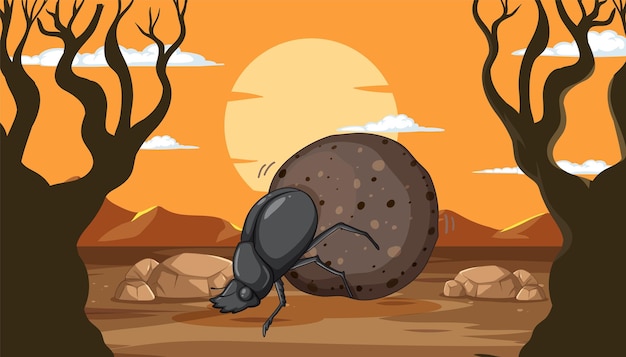 Free Vector dung beetle at work in savannah sunset