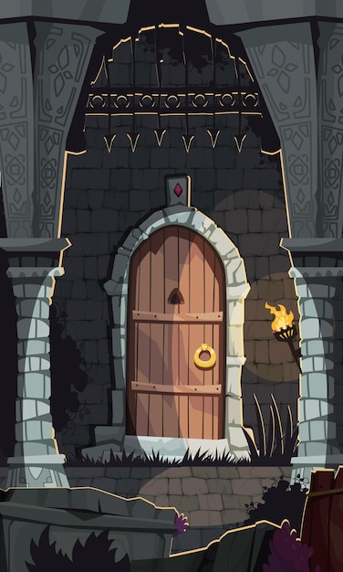 Free Vector dungeon cartoon poster with medieval castle door vector illustration