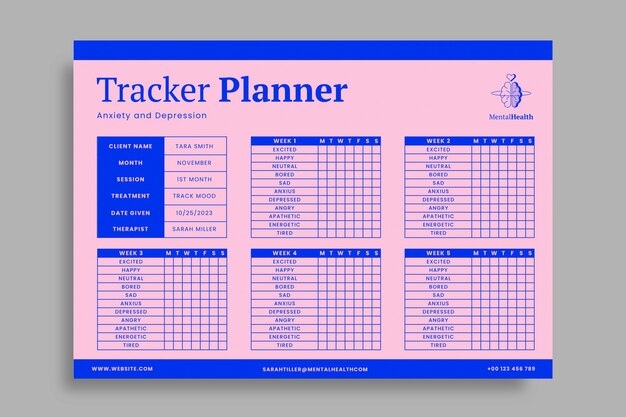 Duotone mental health brain anxiety and depression tracker planner template