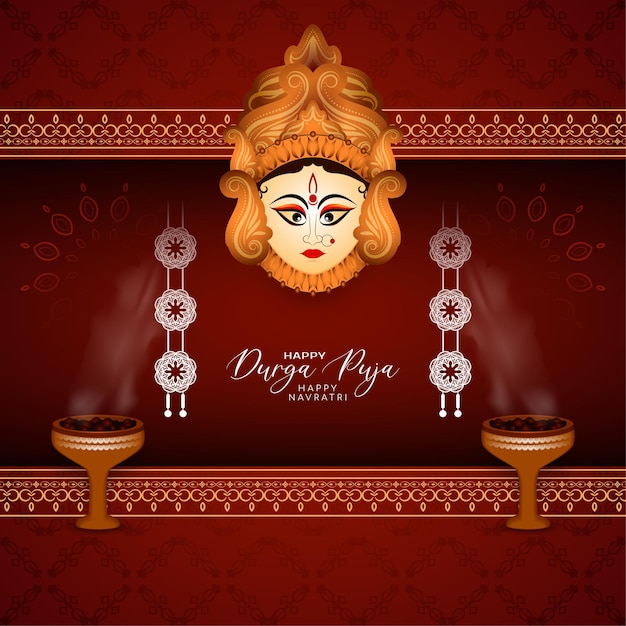 Durga Puja and Happy navratri festival card with goddess durga face design