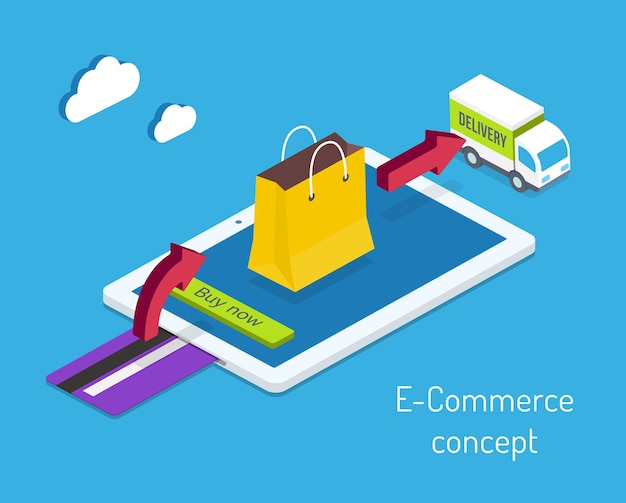 Free Vector e-commerce or internet shopping concept with a credit card for payment and an arrow pointing to a shopping bag