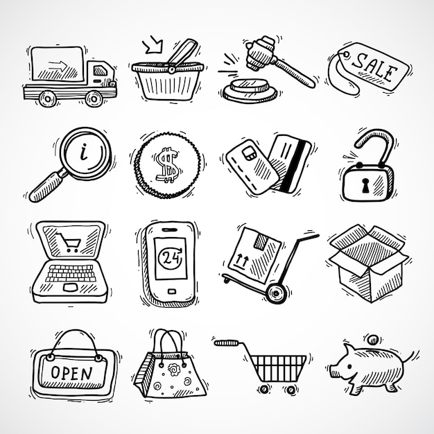 E-commerce shopping icons sketch set of delivery truck credit card piggy bank isolated vector illustration