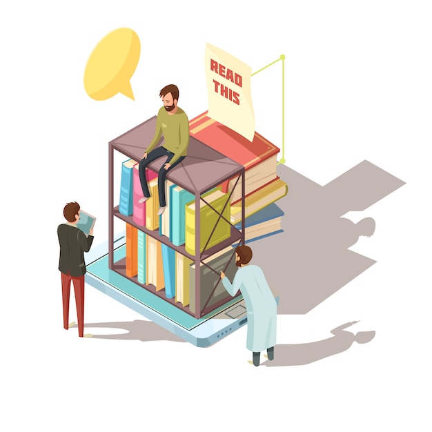 Free Vector e-learning isometric composition with students near shelves with books on mobile device screen 