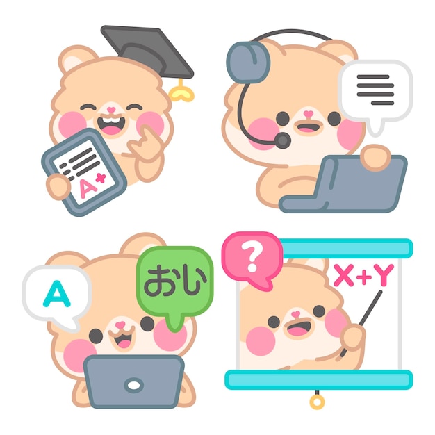 Free Vector e-learning stickers collection with kimchi the hamster