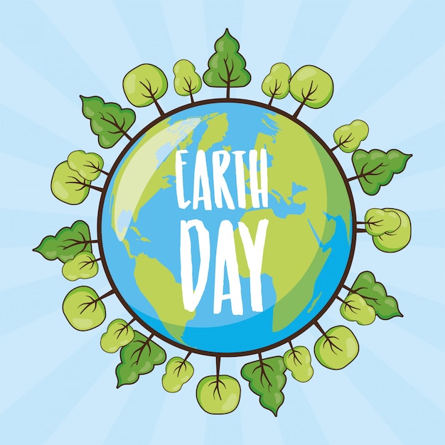 Earth day card, planet with forest, illustration