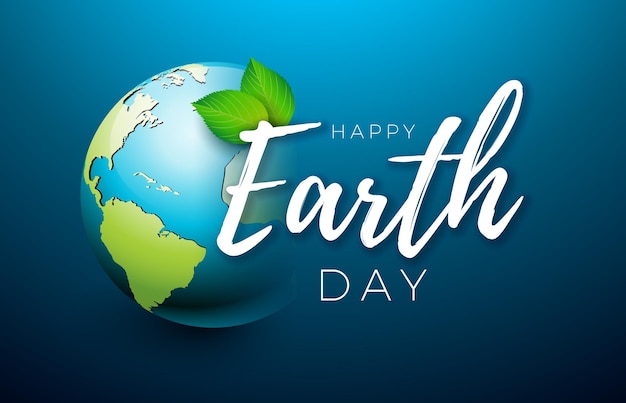 Earth Day Illustration with Planet and Green Leaf on Blue Background April 22 Environment Concept