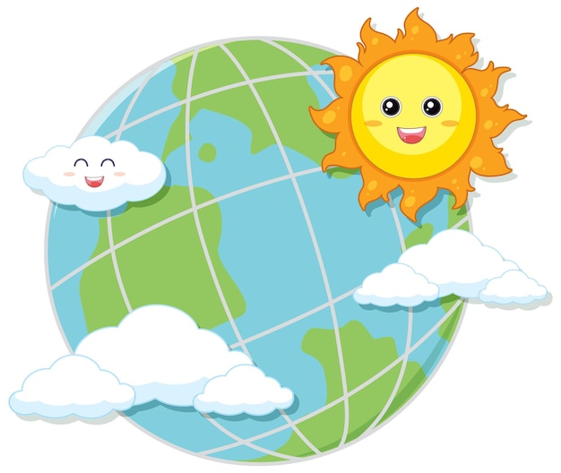 Free vector earth globe with smile sun and cloud