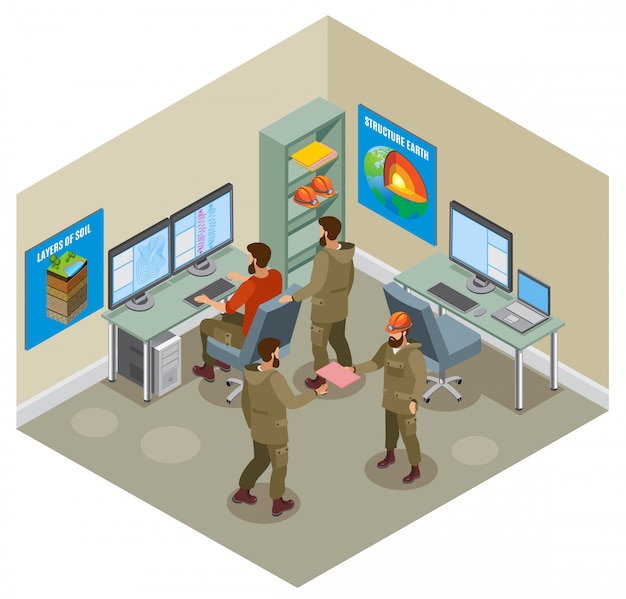 Free Vector earth research geological laboratory with scientists computers educational placards on walls isometric composition