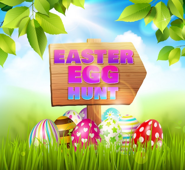 Easter background composition with easter eggs laying on green grass and wooden road sign with text  illustration