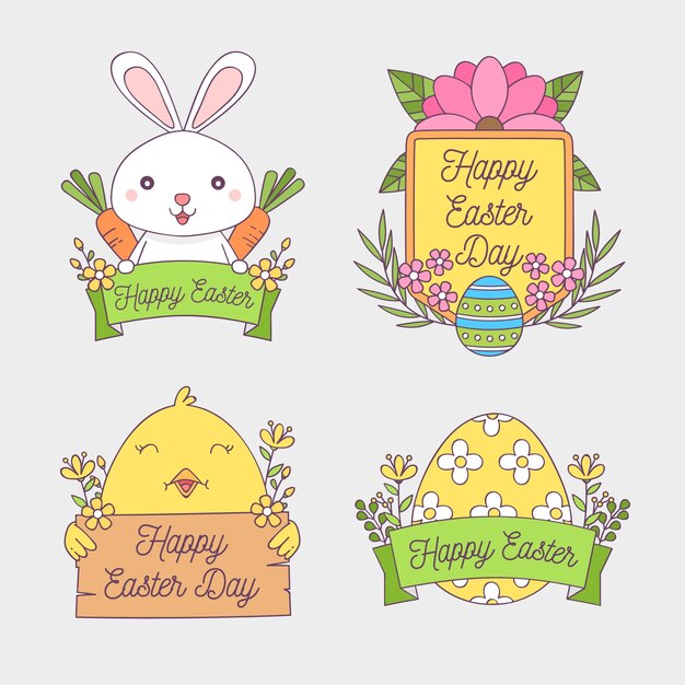 Easter badge collection with bunnies and eggs hand drawn