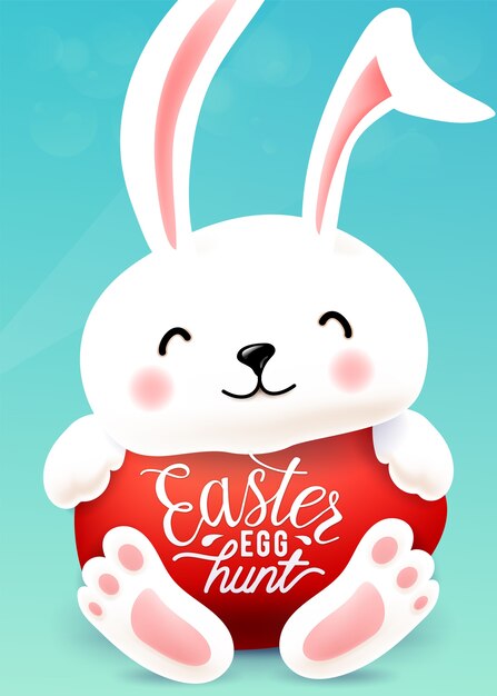 Easter bunny hugs egg with holiday greeting lettering typography quote.