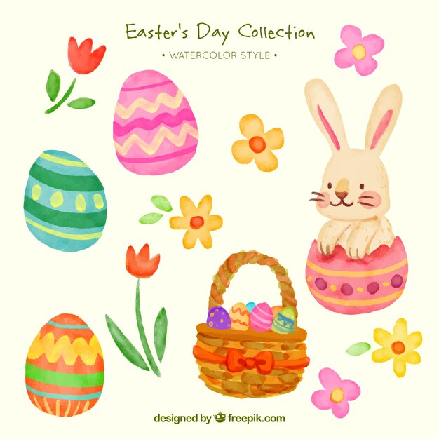 Easter bunny set with basket and watercolor easter eggs