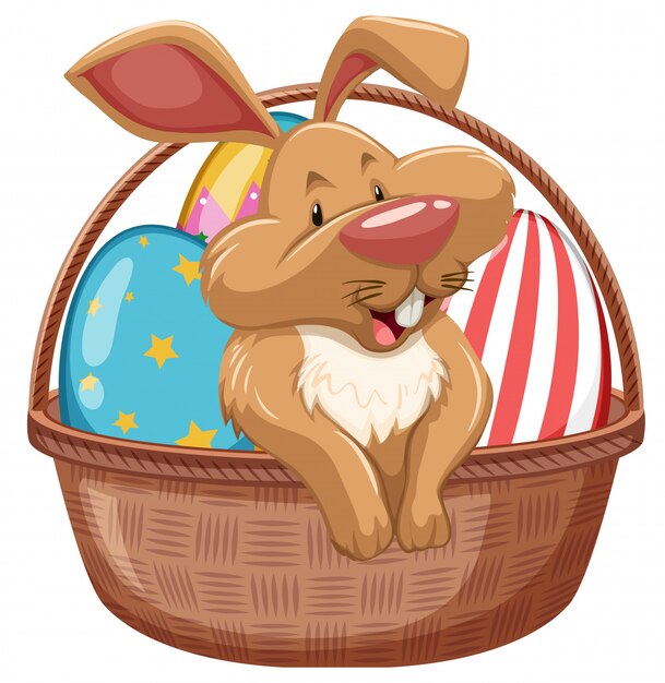 Easter bunny with decorated eggs in brown basket