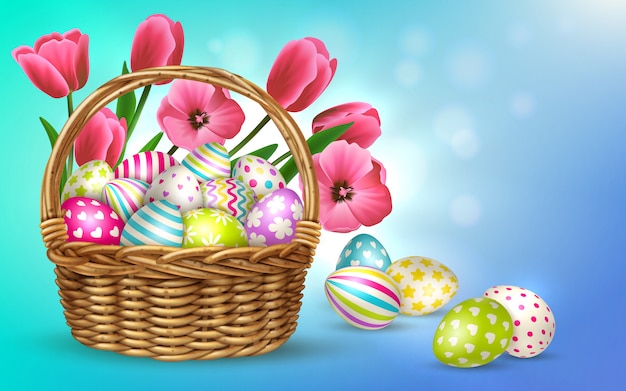 Free Vector easter composition with blurry background and images of basket filled with flowers and festive easter eggs  illustration