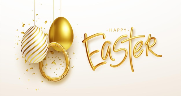 Free Vector easter greeting background with realistic golden, blue, white easter eggs. vector illustration eps10