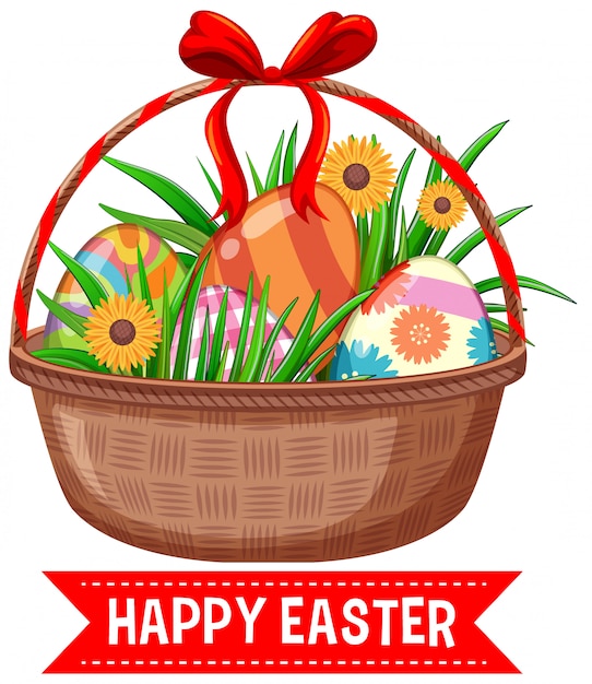 Free Vector easter greeting card with painted eggs in basket