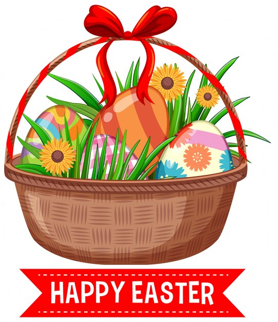 easter greeting card with painted eggs in basket