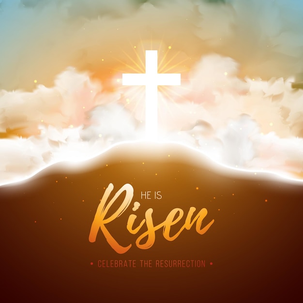 Easter illustration with heavenly light on cloud background He is risen Christian religious design