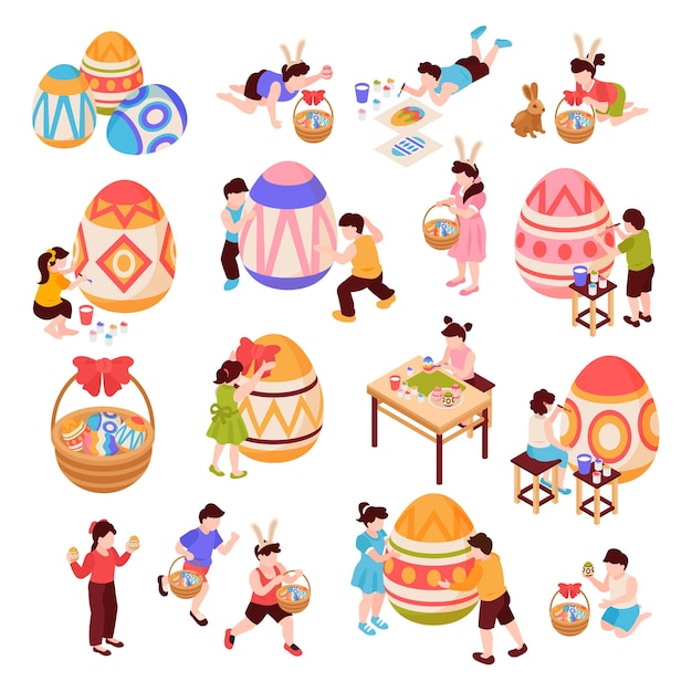 Free Vector easter isometric colored icons set of kid characters painting big eggs on white background isolated vector illustration