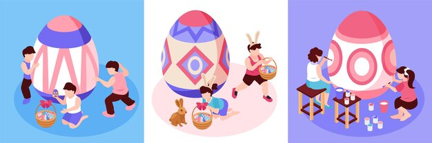 Easter isometric set of three square illustrations with adult and children little characters painting big eggs