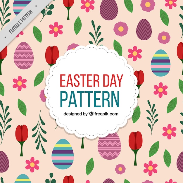 Easter pattern with flowers and eggs in flat design