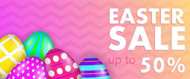 Easter Sale, up to fifty percent lettering with decorated eggs