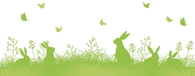 Easter Seamless Vector Background Illustration With Rabbit Silhouettes In A Grassy Field.