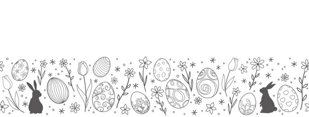 Easter Vector Background Illustration With Easter Bunnies, Eggs, Flowers, And A Text Space.