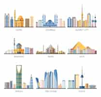 Free vector eastern cityscapes landmarks flat icons collection