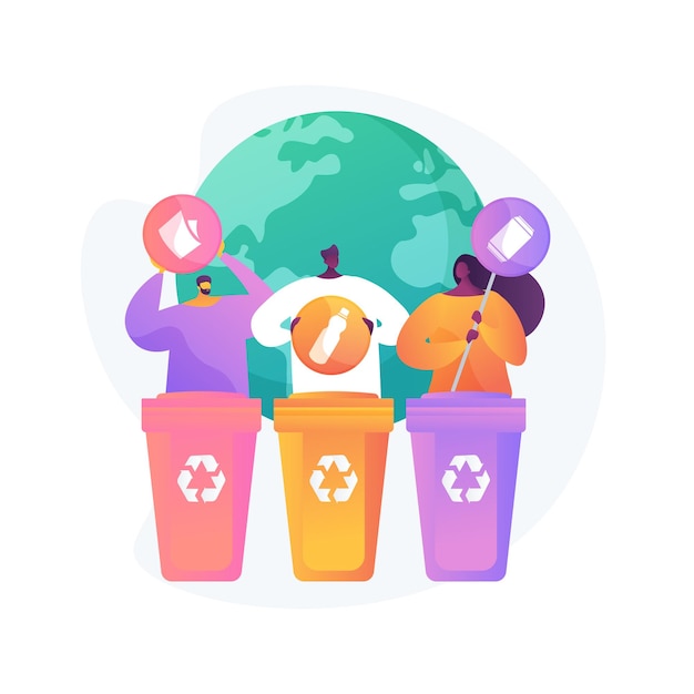 Free Vector eco activists sorting garbage. waste segregation. disposable system. ecological responsibility. trash containers, rubbish cans, recycling idea. 