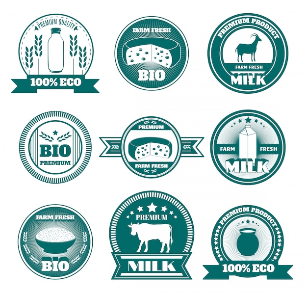 Free vector eco farm milk dairy products emblems