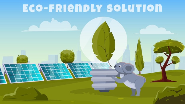 Eco friendly solution illustration with cute cartoon animal examining electric light bulb