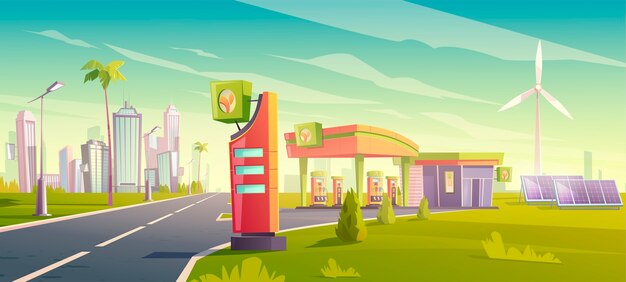 Eco gas station, green city car refueling service, nature friendly petrol shop with windmills, solar panels, building and price display