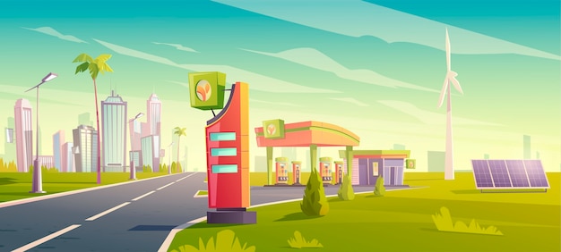 Eco gas station, green city car refueling service, petrol shop with windmills, solar panels, building, price display on cityscape space, urban vehicle fuel sellings