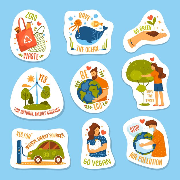 Eco sticker or label set, vector cartoon icons